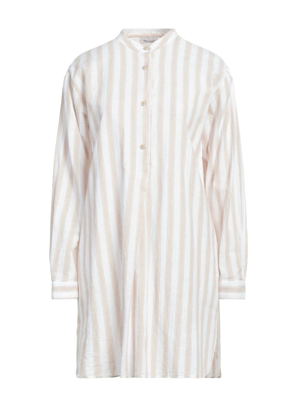 Striped Longline Band-Collar Shirt-Dress in Beige & White
